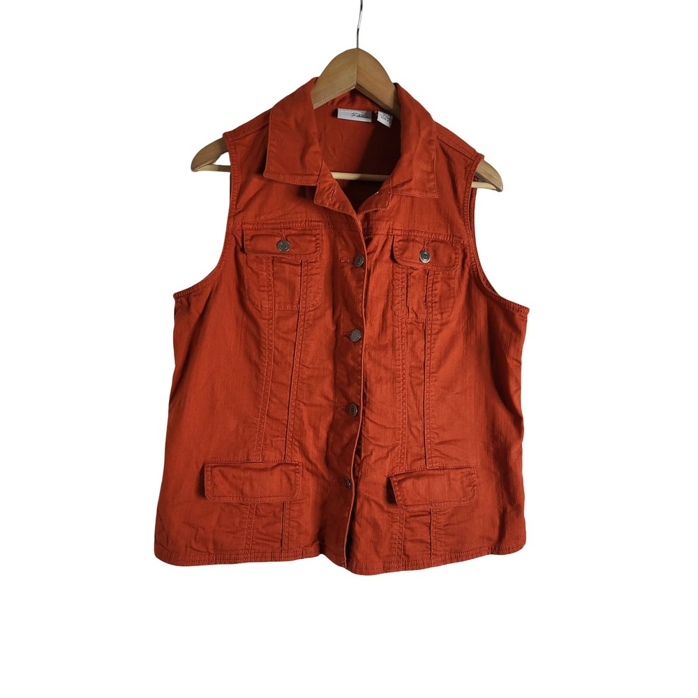 Chicos Platinum Burnt Orange Embroidered Denim Vest Jacket Size 2 Large Rust